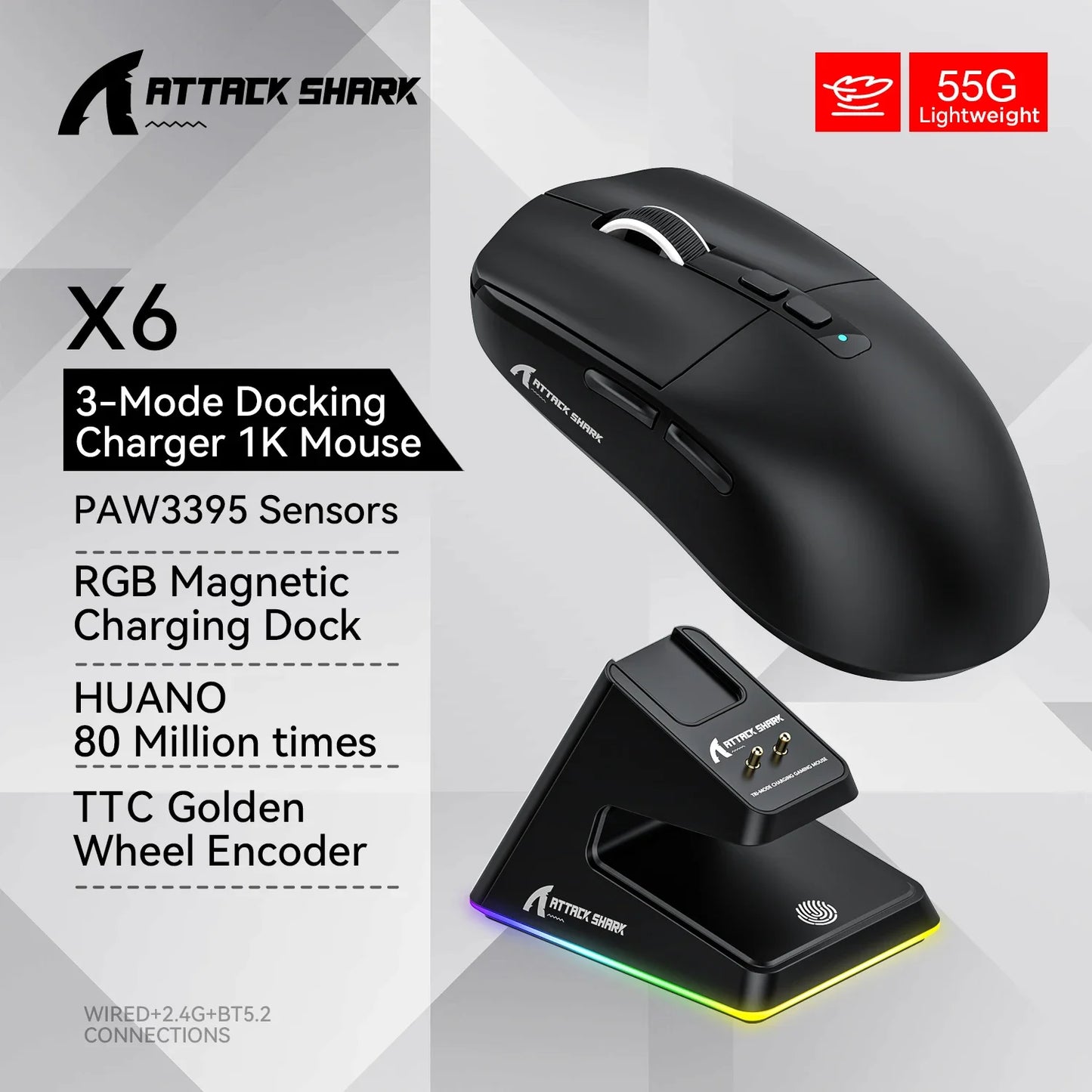 Attack Shark X6 Bluetooth Mouse , PixArt PAW3395, Tri-Mode Connection, RGB Touch Magnetic Charging Base, Macro Gaming Mouse