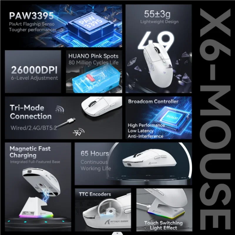 Attack Shark X6 PixArt PAW3395 Gaming Mouse, Bluetooth Tri-Mode Connection, RGB Touch Magnetic Charging Base