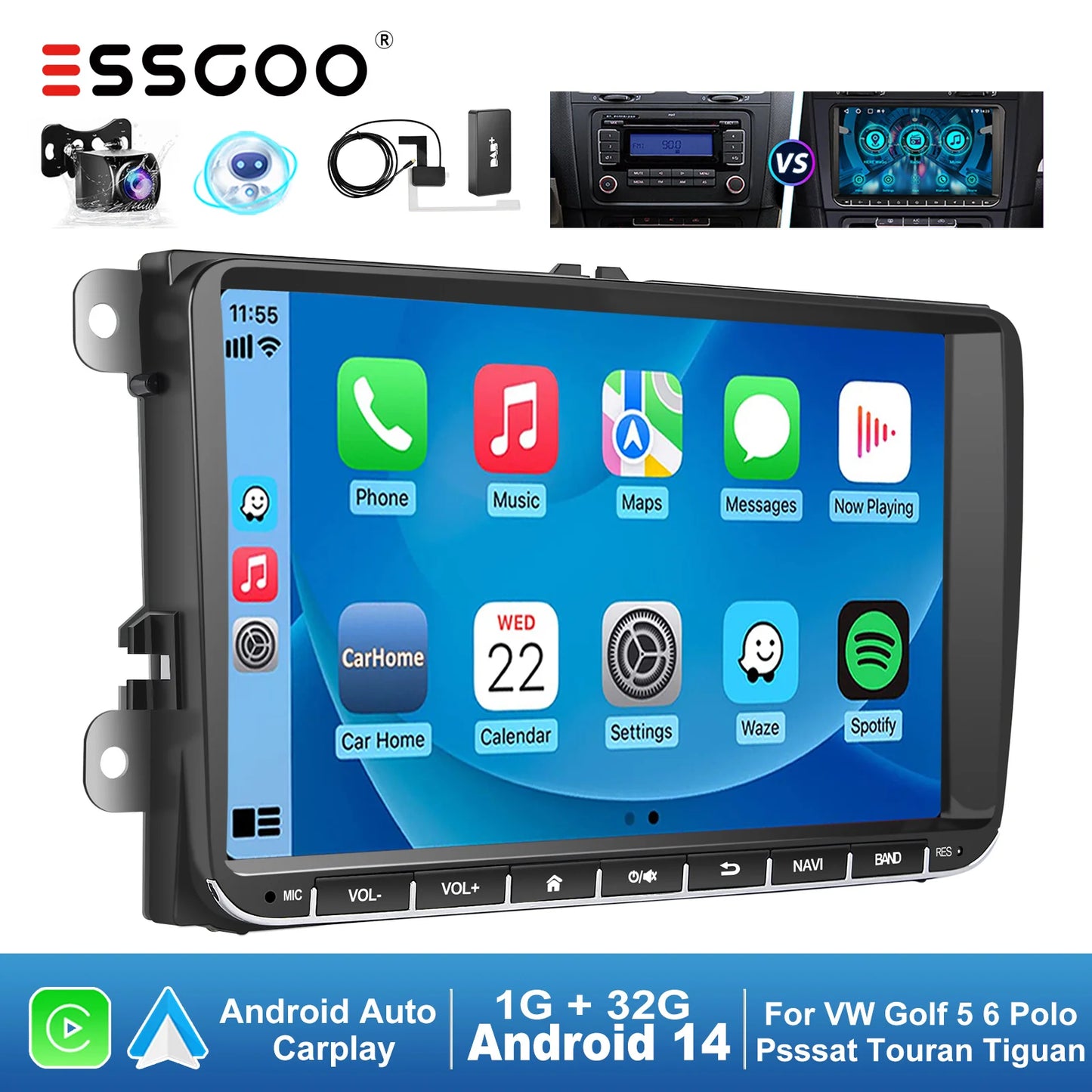 ESSGOO 9" Android 14 4+64G CarPlay Car Stereo Radio for VW Golf 5 6 Passat B6 B7 Polo Touran Tiguan Caddy GPS Navi WIFI RDS FM