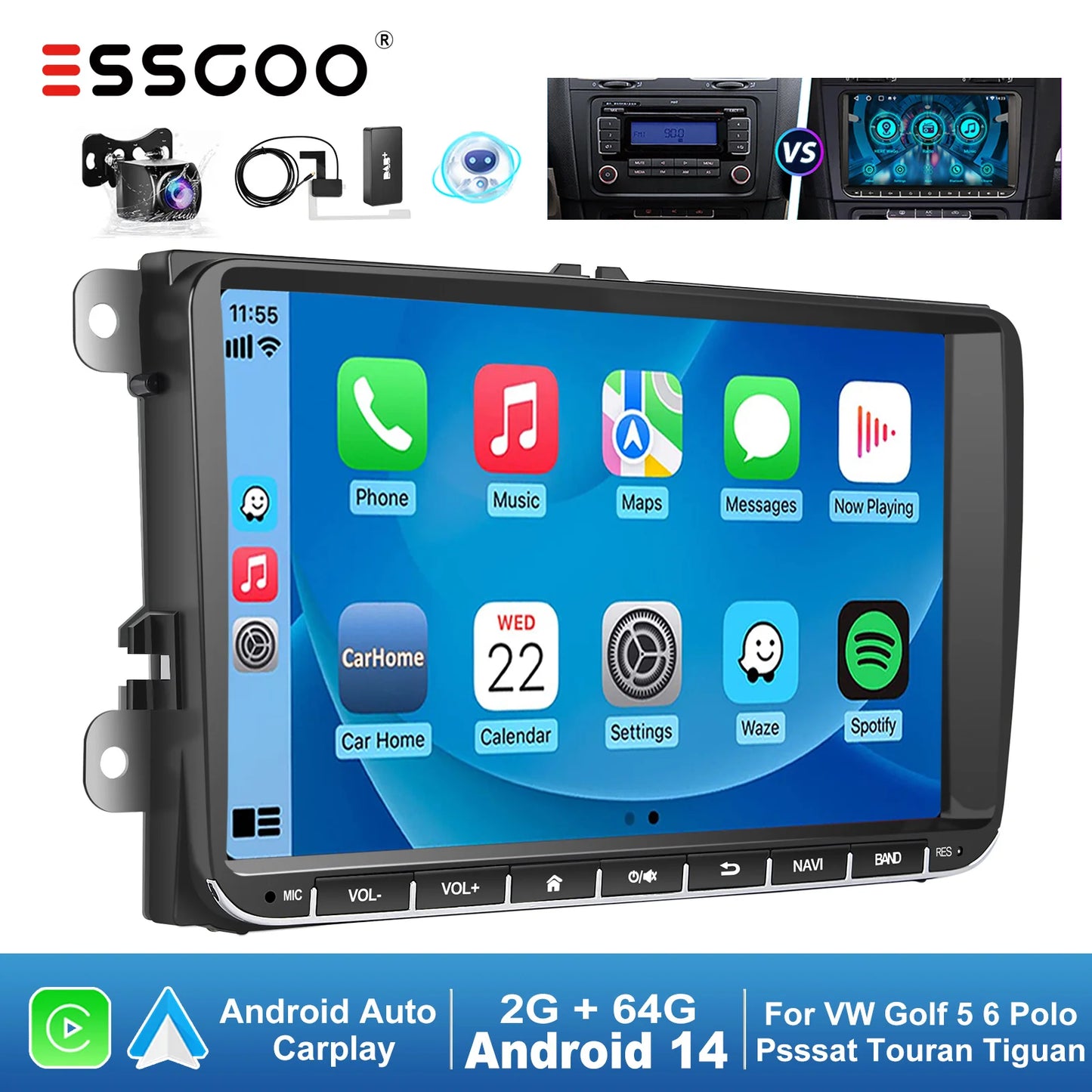 ESSGOO 9" Android 14 4+64G CarPlay Car Stereo Radio for VW Golf 5 6 Passat B6 B7 Polo Touran Tiguan Caddy GPS Navi WIFI RDS FM