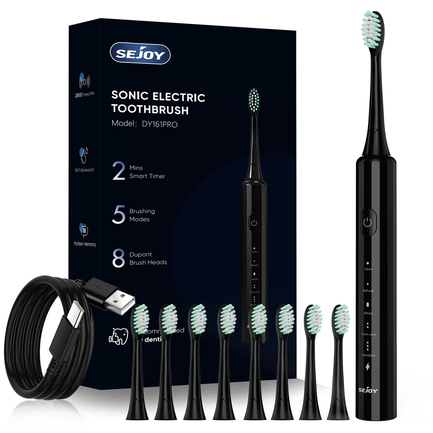 Electric Toothbrush Rechargeable With 8PCS Replacement Head Smart Timing Tooth Brush 5 Modes Teeth Clean Whitening Sonic Toothb