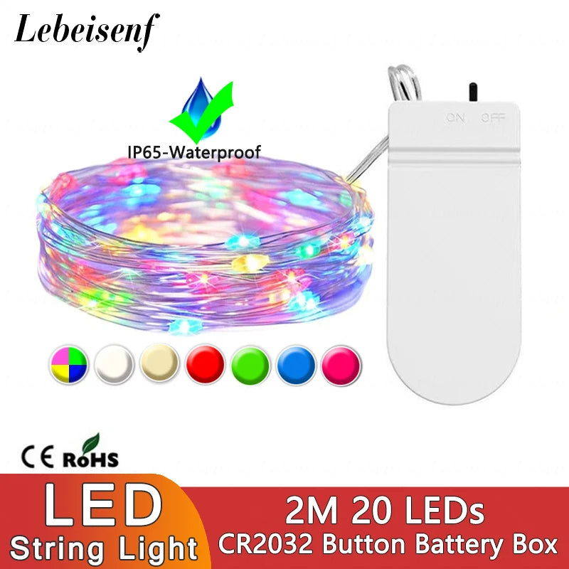 LED String Lights 2M 20 LEDs CR2032 Battery Box Powered IP65 Waterproof for Party Wedding Indoor Christmas Decoration