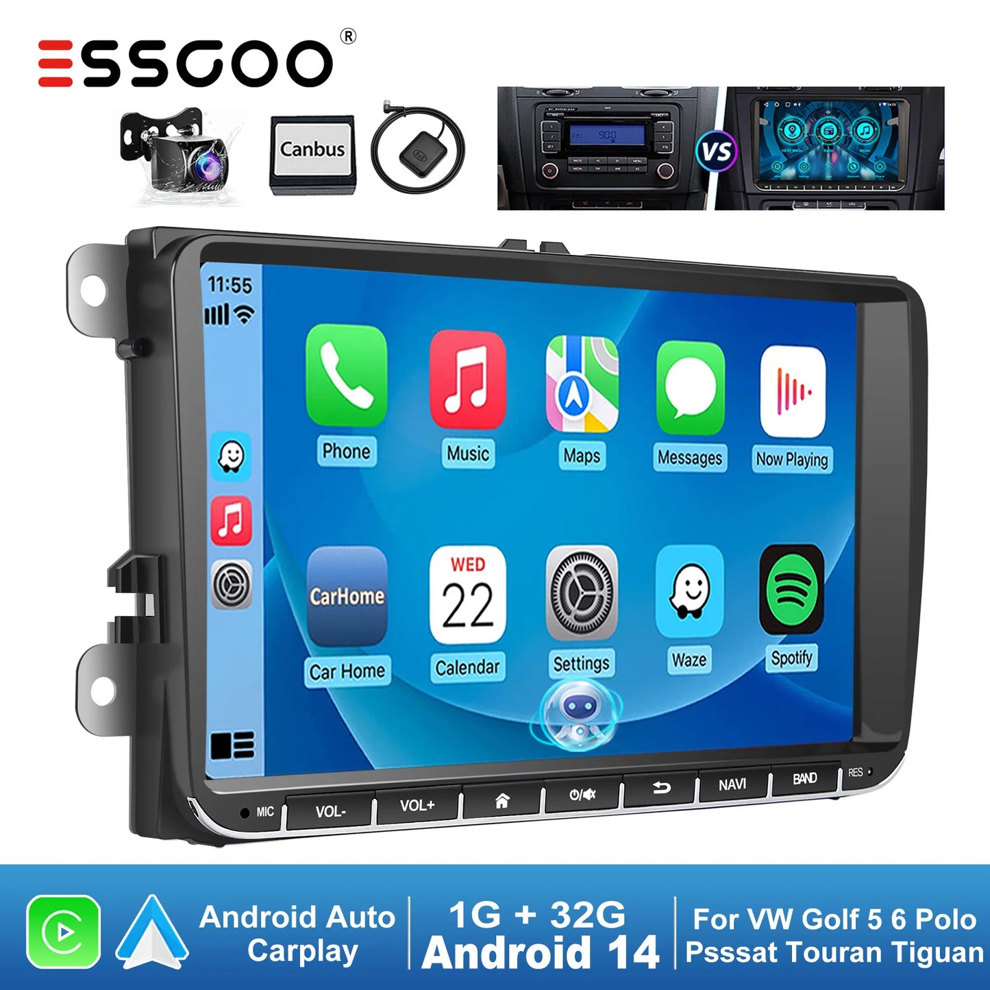 ESSGOO 9" Android 14 4+64G CarPlay Car Stereo Radio for VW Golf 5 6 Passat B6 B7 Polo Touran Tiguan Caddy GPS Navi WIFI RDS FM