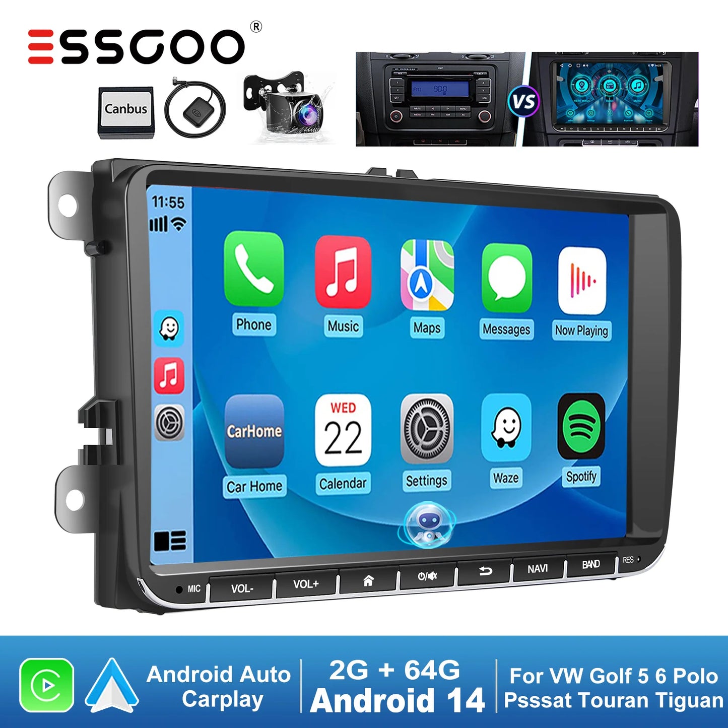 ESSGOO 9" Android 14 4+64G CarPlay Car Stereo Radio for VW Golf 5 6 Passat B6 B7 Polo Touran Tiguan Caddy GPS Navi WIFI RDS FM