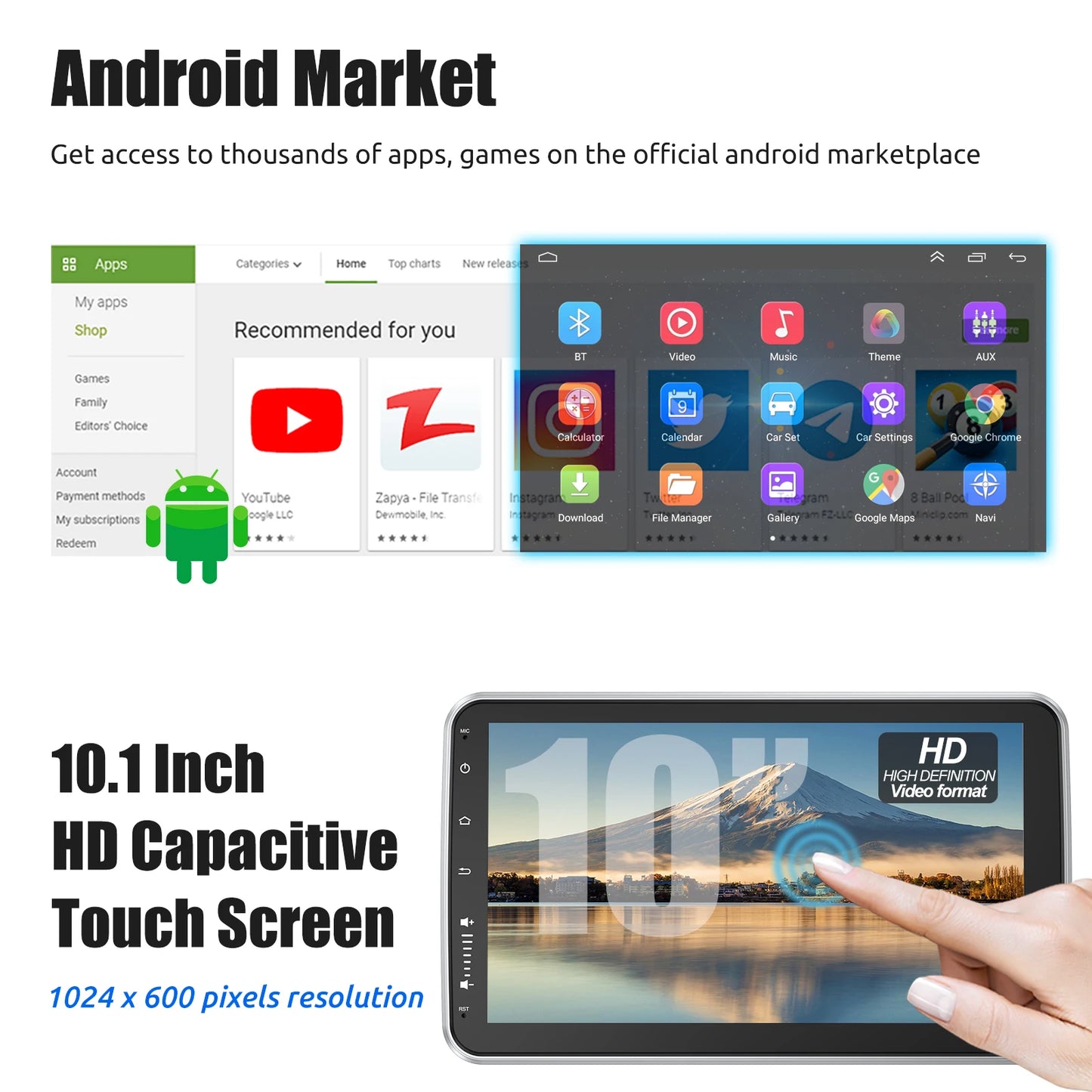 ESSGOO 10" Android 13 4+64G Apple Carplay Android Auto Car Stereo Radio Single 1 DIN GPS Nav Bluetooth FM RDS WIFI USB EQ SWC