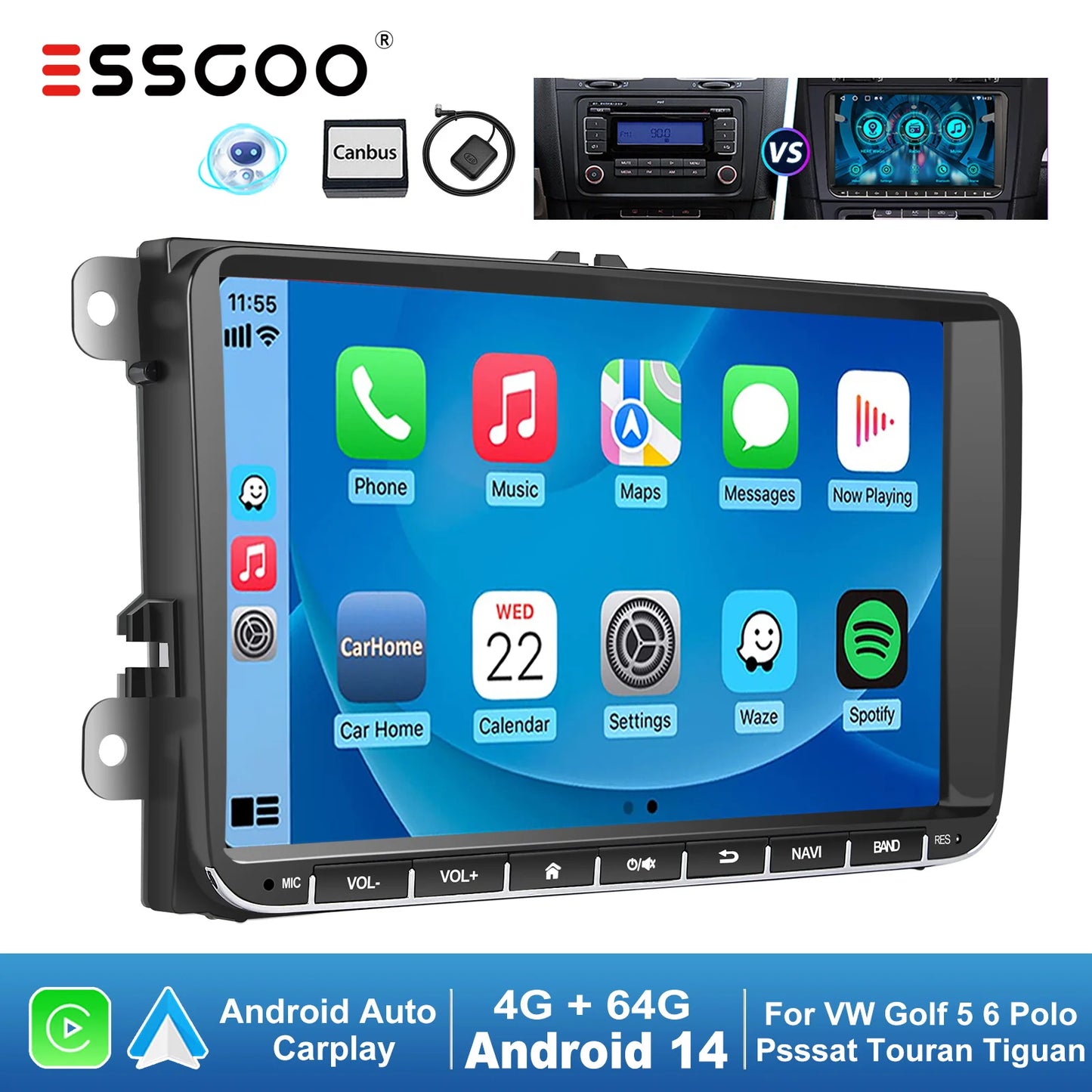 ESSGOO 9" Android 14 4+64G CarPlay Car Stereo Radio for VW Golf 5 6 Passat B6 B7 Polo Touran Tiguan Caddy GPS Navi WIFI RDS FM