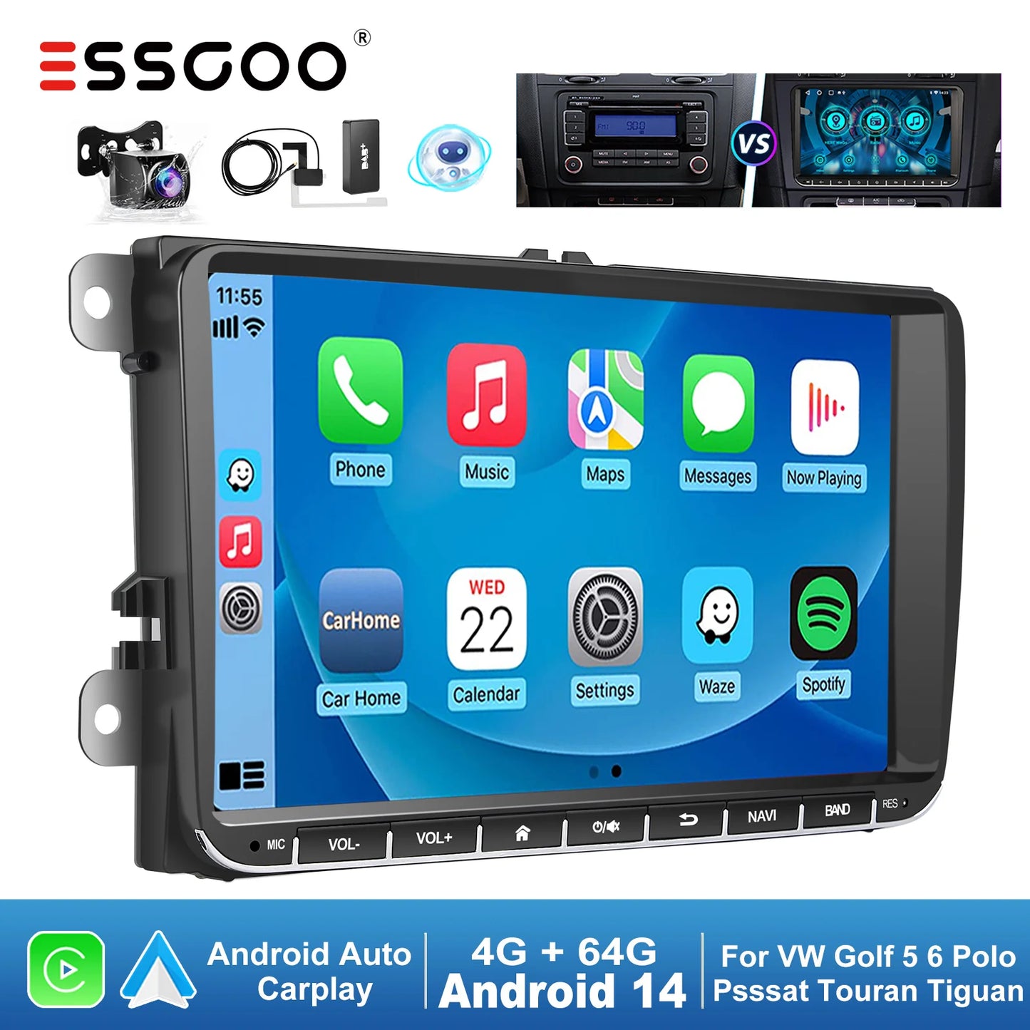 ESSGOO 9" Android 14 4+64G CarPlay Car Stereo Radio for VW Golf 5 6 Passat B6 B7 Polo Touran Tiguan Caddy GPS Navi WIFI RDS FM