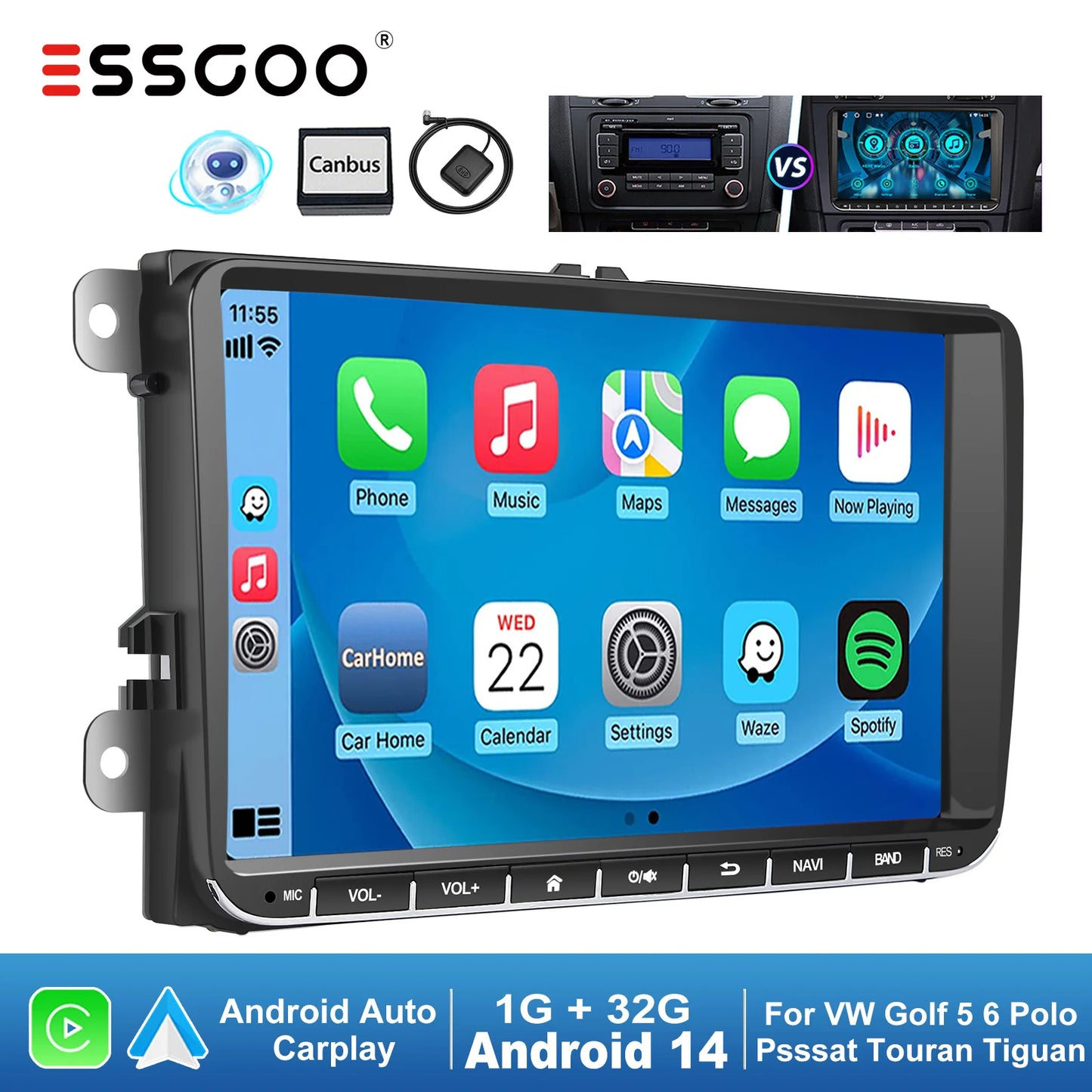 ESSGOO 9" Android 14 4+64G CarPlay Car Stereo Radio for VW Golf 5 6 Passat B6 B7 Polo Touran Tiguan Caddy GPS Navi WIFI RDS FM