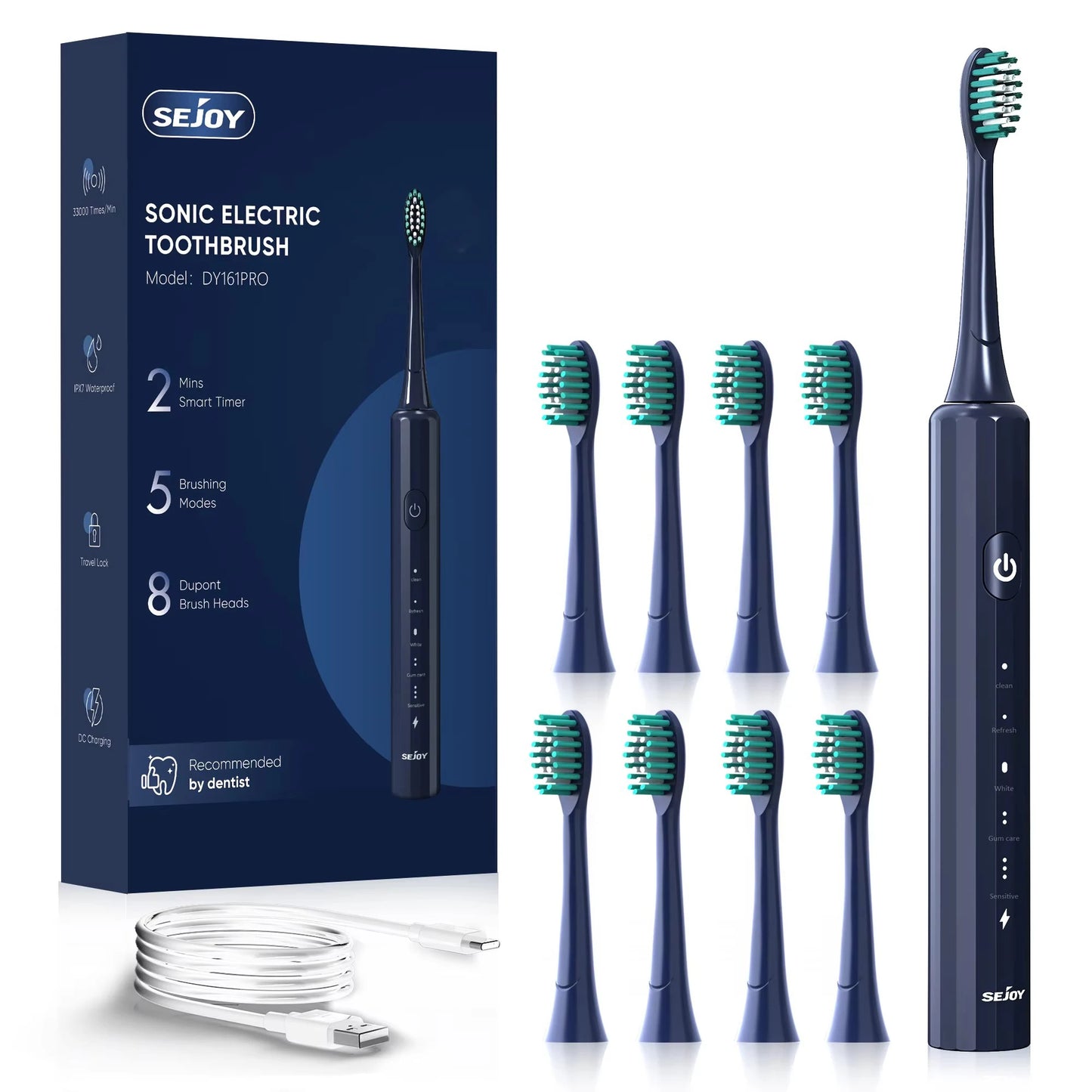 Electric Toothbrush Rechargeable With 8PCS Replacement Head Smart Timing Tooth Brush 5 Modes Teeth Clean Whitening Sonic Toothb