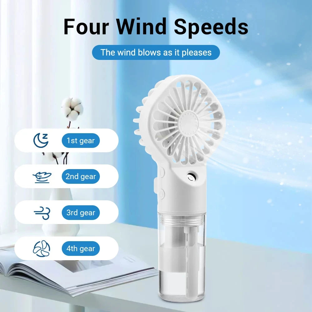 Portable Water Mist Fan USB Charging Handheld Mini Quiet Air Cooling Fan 4 Speed Humidification Spray Fan for Home Office