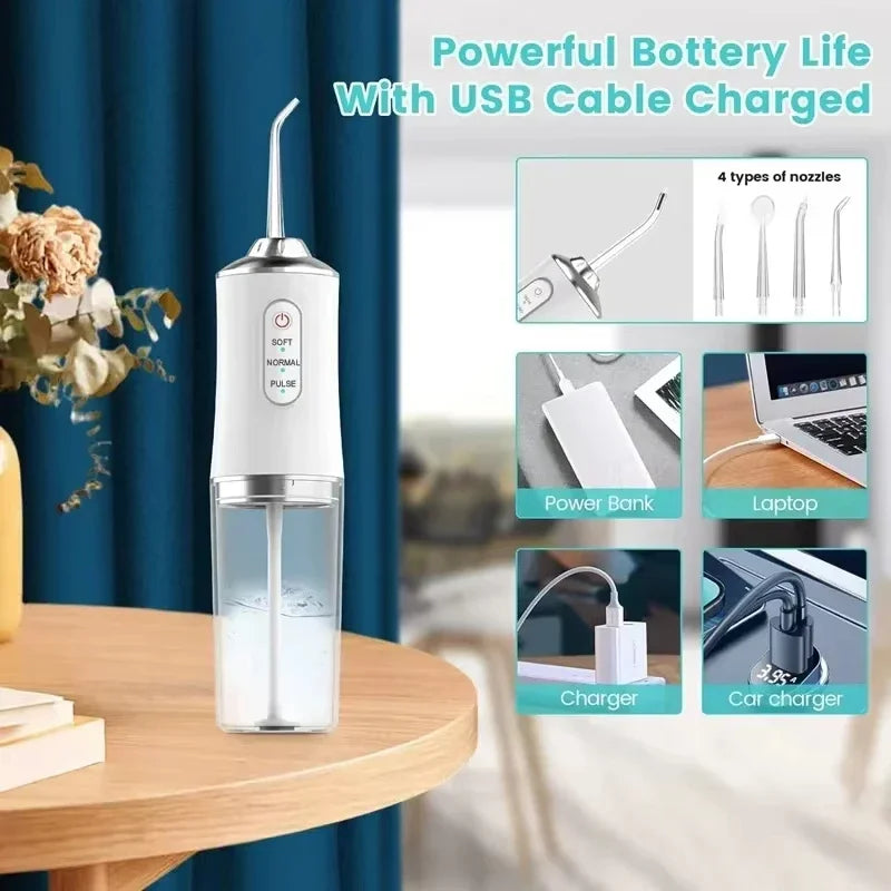 Electric Dental Water Flosser Oral Irrigator Portable Dental Bed Sprinkler Jet Toothpick Mouth Washing Machine 4 Nozzle
