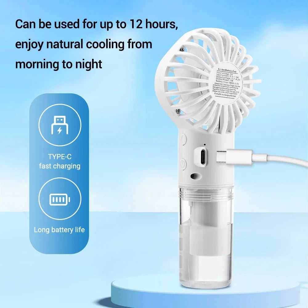 Portable Water Mist Fan USB Charging Handheld Mini Quiet Air Cooling Fan 4 Speed Humidification Spray Fan for Home Office
