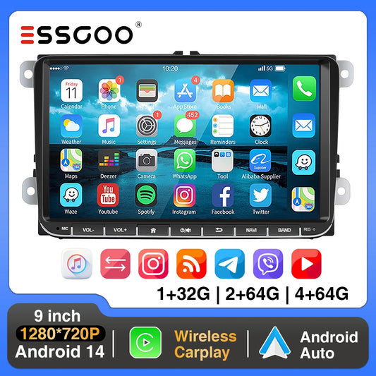 ESSGOO 9" Android 14 4+64G CarPlay Car Stereo Radio for VW Golf 5 6 Passat B6 B7 Polo Touran Tiguan Caddy GPS Navi WIFI RDS FM