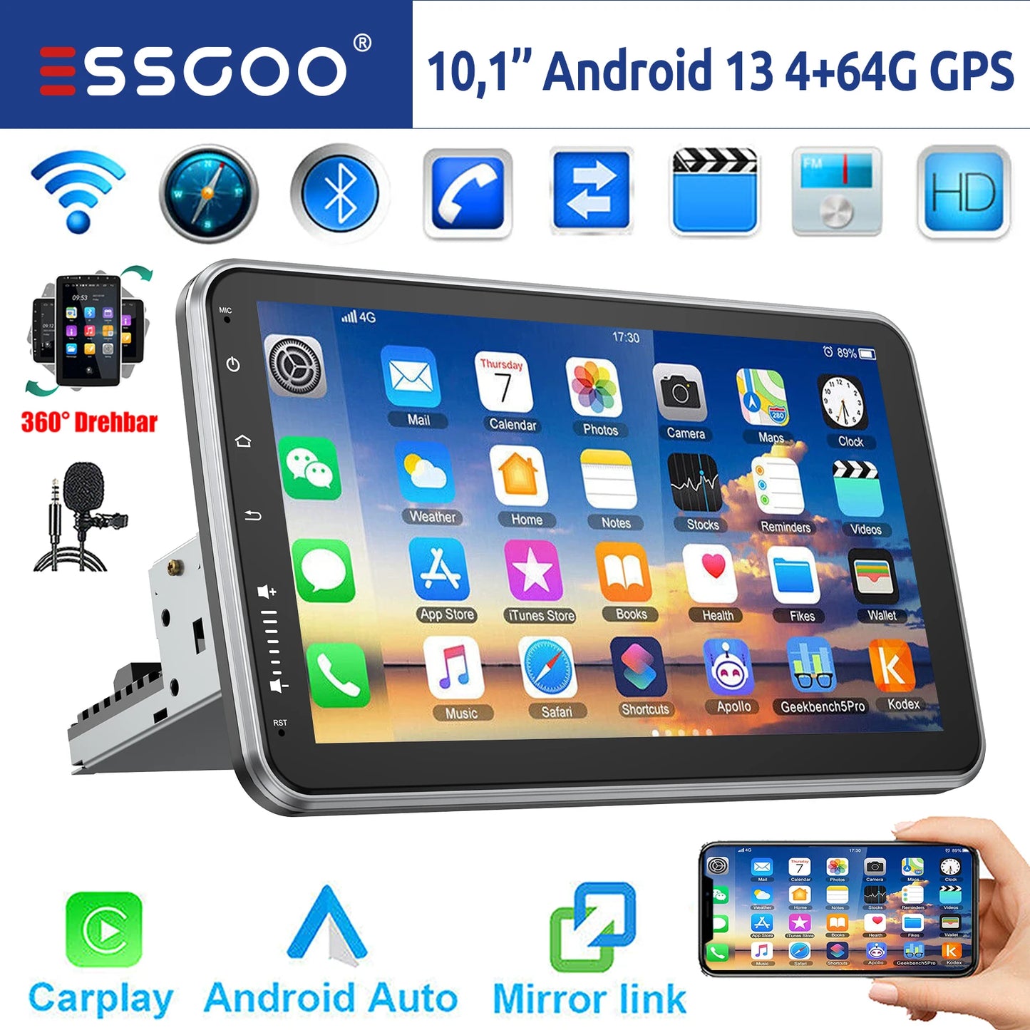 ESSGOO 10" Android 13 4+64G Apple Carplay Android Auto Car Stereo Radio Single 1 DIN GPS Nav Bluetooth FM RDS WIFI USB EQ SWC