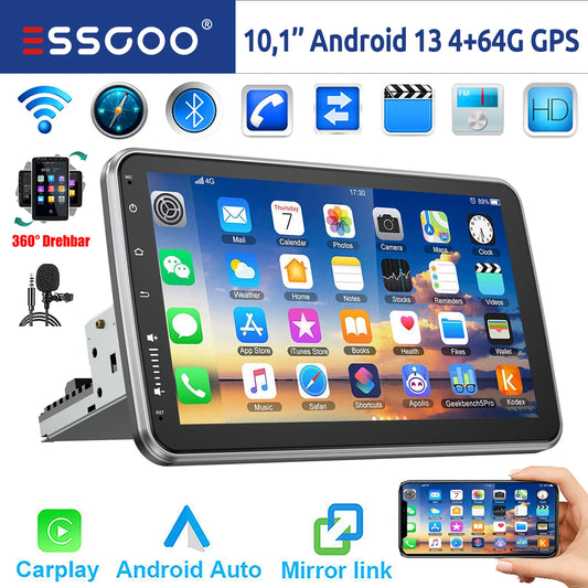 ESSGOO 10" Android 13 4+64G Apple Carplay Android Auto Car Stereo Radio Single 1 DIN GPS Nav Bluetooth FM RDS WIFI USB EQ SWC