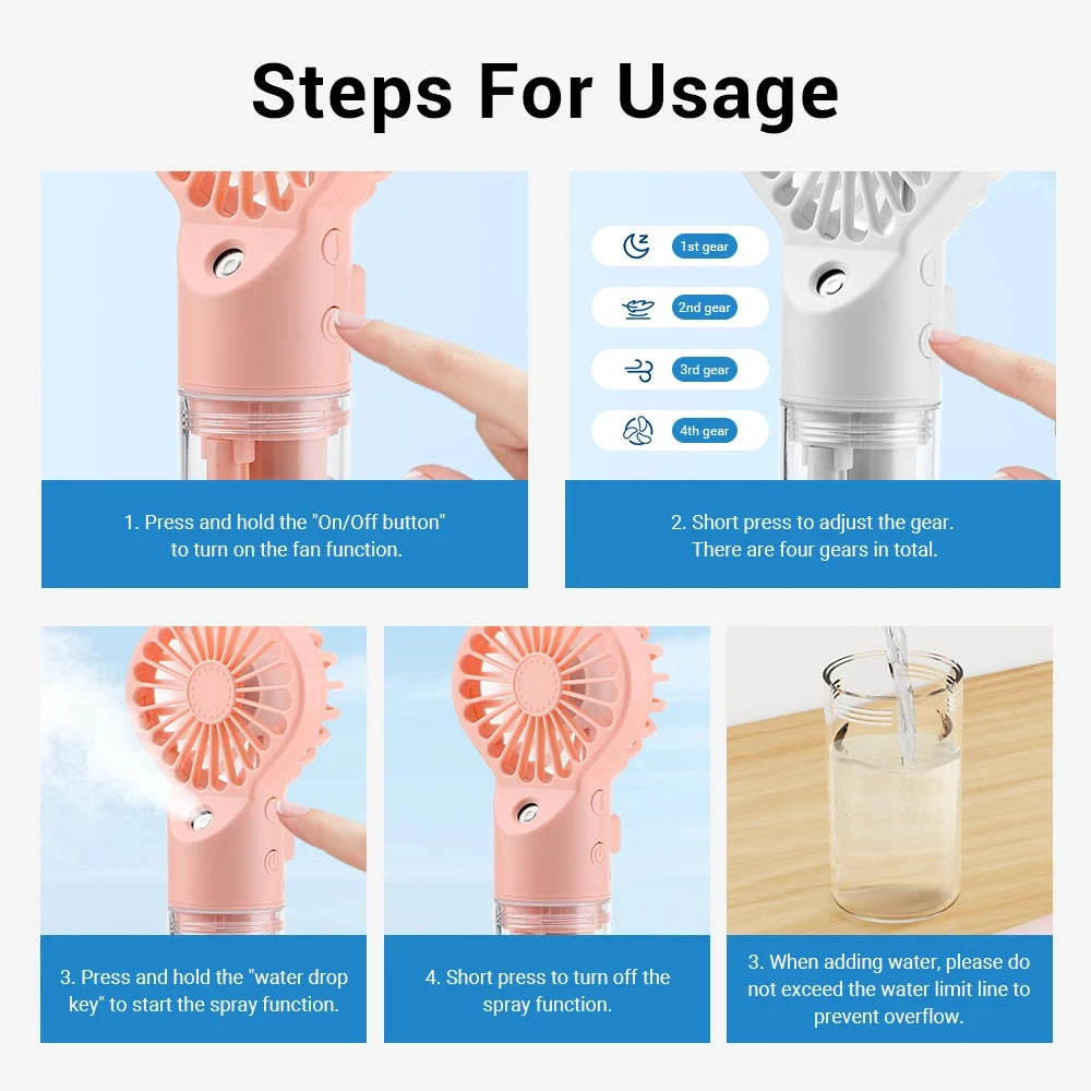 Portable Water Mist Fan USB Charging Handheld Mini Quiet Air Cooling Fan 4 Speed Humidification Spray Fan for Home Office
